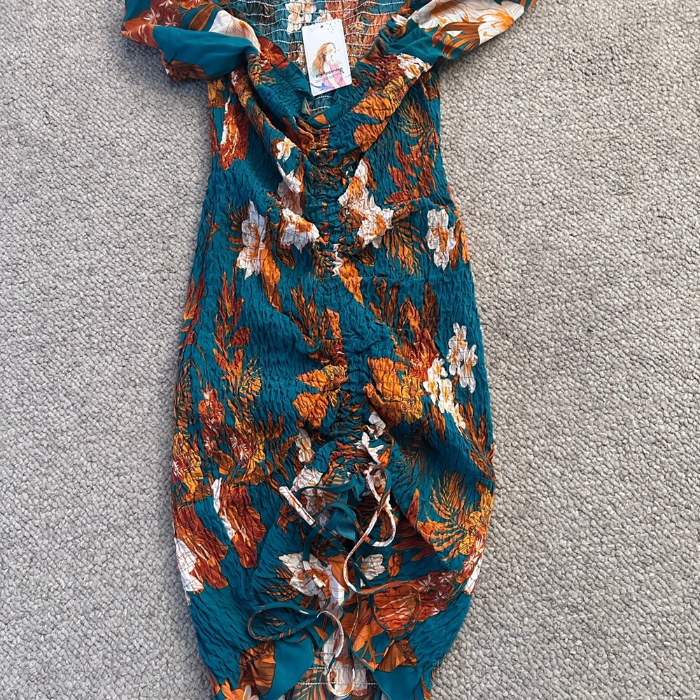 Floral Ruched Dress in Teal and Orange